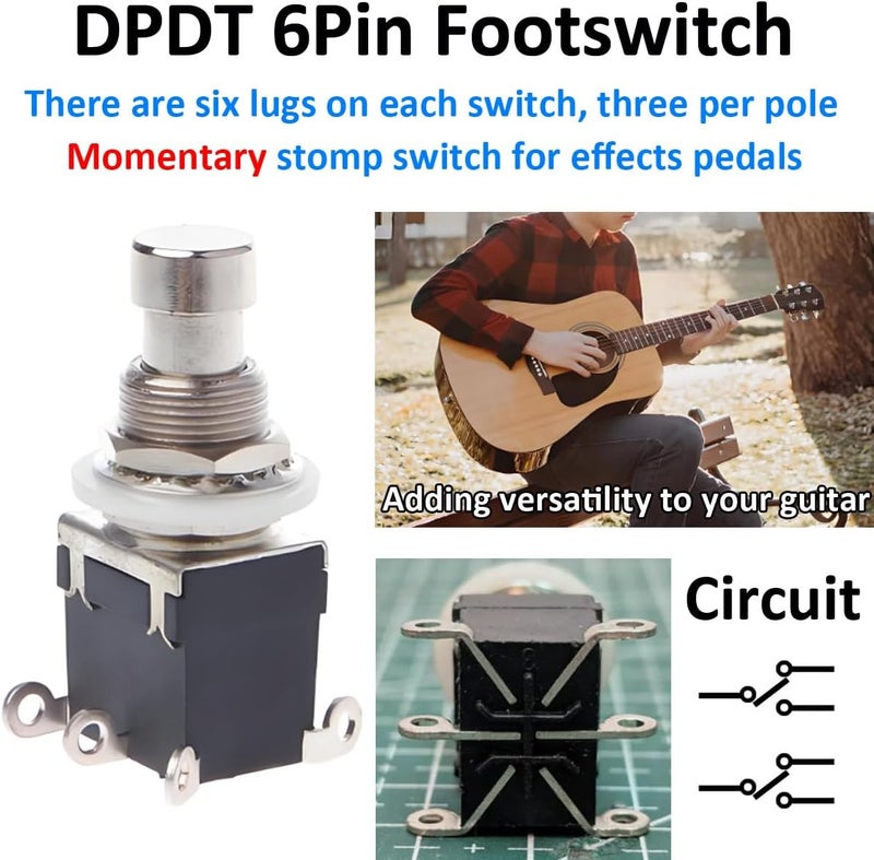 LKRXW 3Pcs DPDT 6 Pins Guitar Effect Pedal Footswitch Momentary Box Stomp True Bypass Guitar Switch Push Button Metal Foot Switch Solder Lugs Terminal AC 250V/2A 125V/4A - Image 2